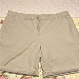Tan Bermuda Shorts with Cuffed Legs and Flat Front